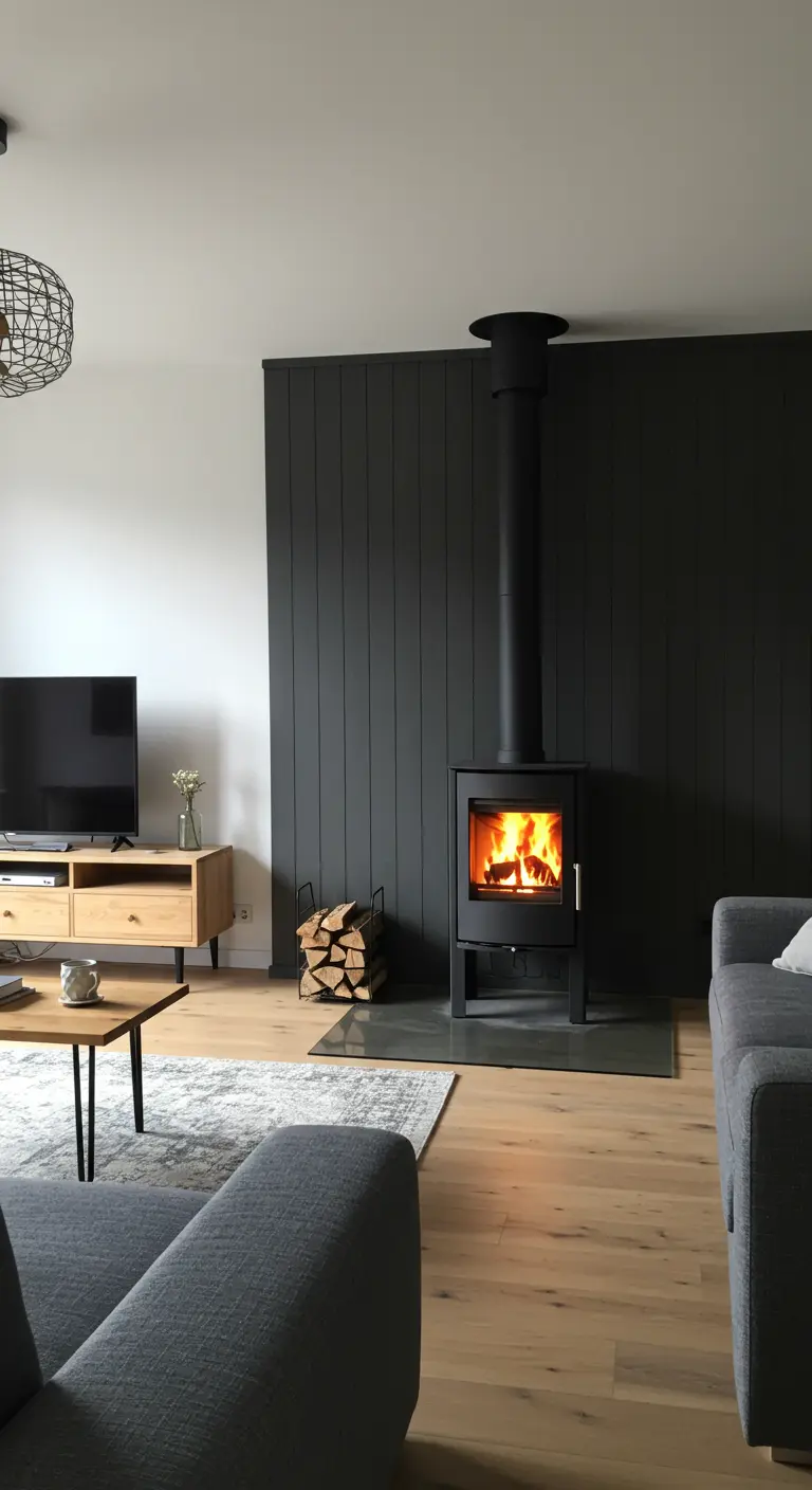 Zwarte houtkachel voor een donkergrijze houten paneelmuur in een moderne woonkamer.