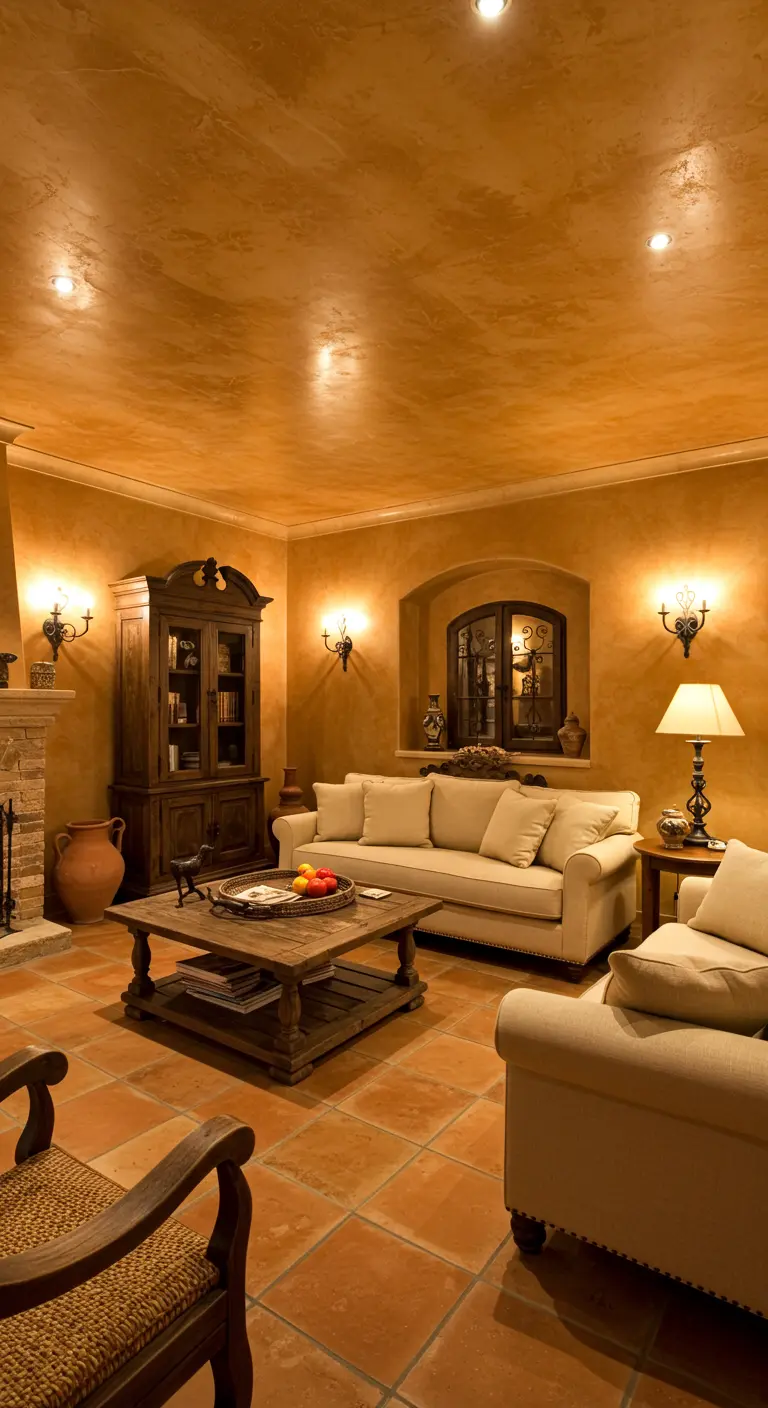 Woonkamer in mediterrane stijl met een warmgeel, getextureerd plafond.