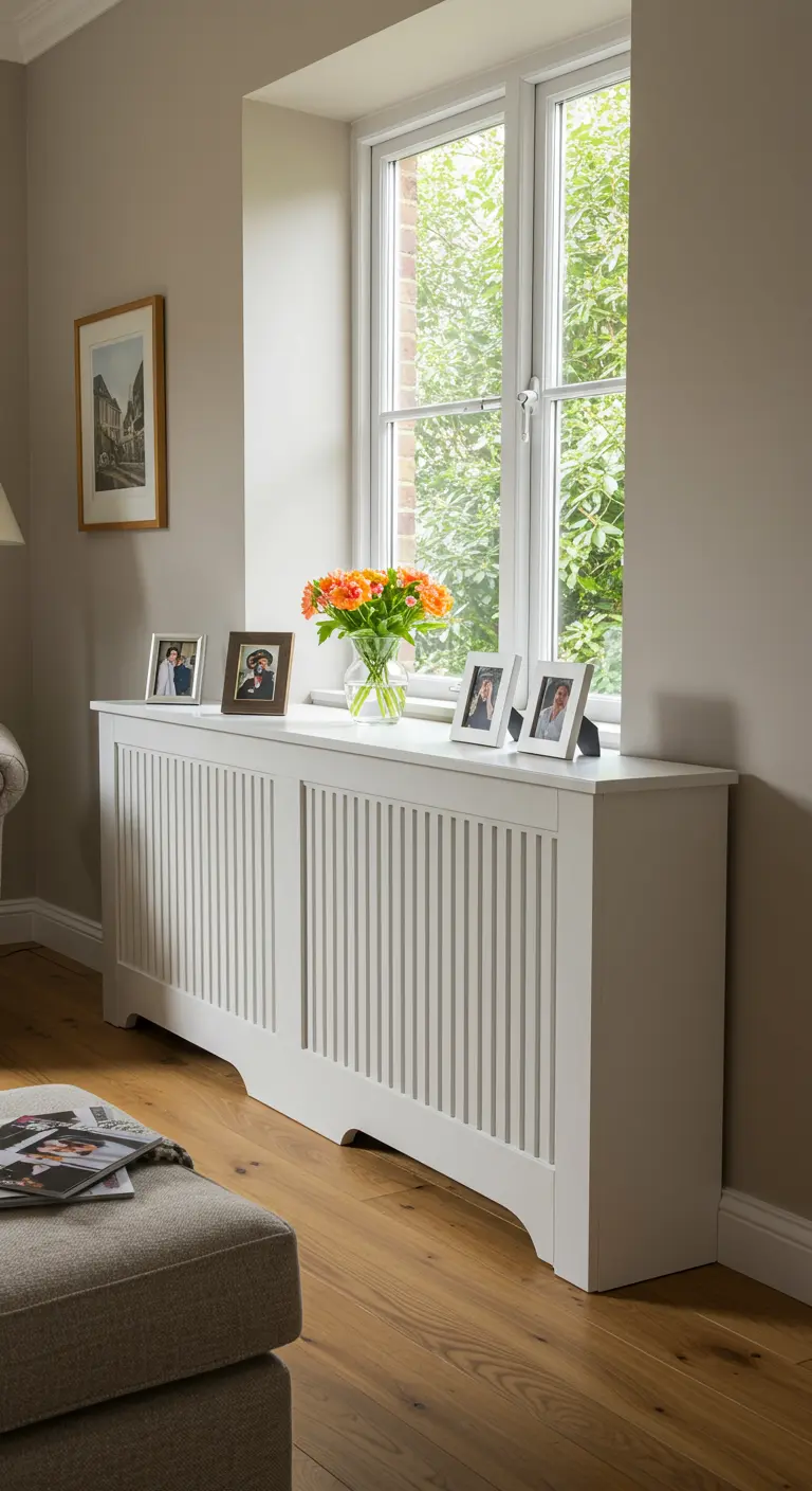 Witte radiatorombouw onder een raam, functionerend als brede vensterbank met decoratie.
