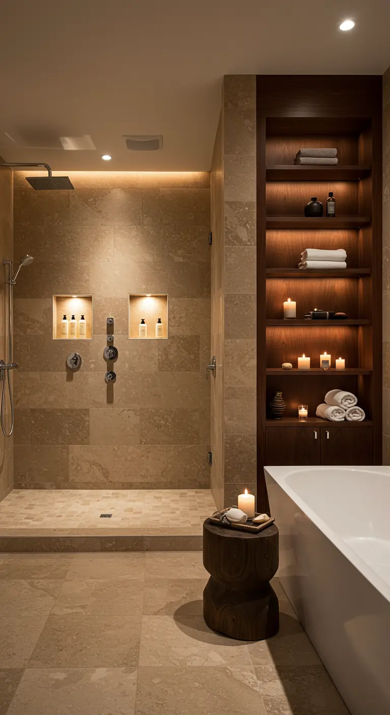 Wellness badkamer met warme beige tegels, houten inbouwkast en verlichte nissen.