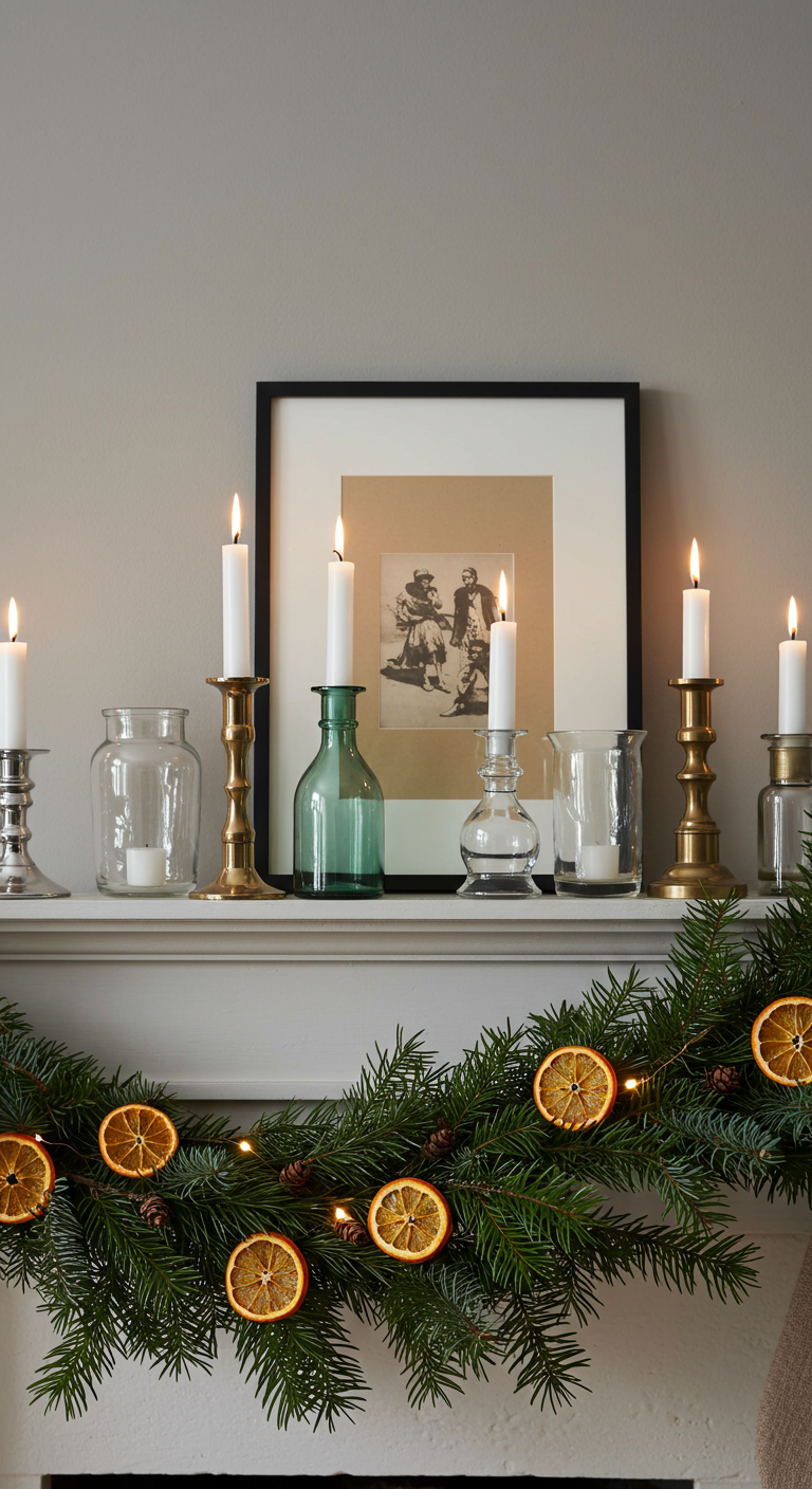 Schoorsteenmantel met kerstdecoratie: dennenguirlande, gedroogde sinaasappels, kaarsen.