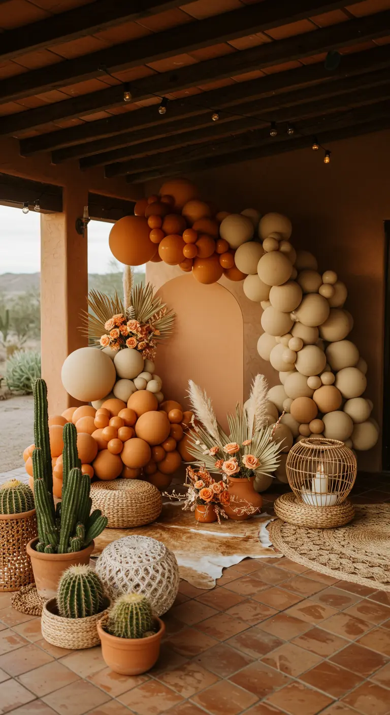 Woestijn thema decoratie met aardetinten ballonnenboog, droogbloemen, cactussen en rotan.