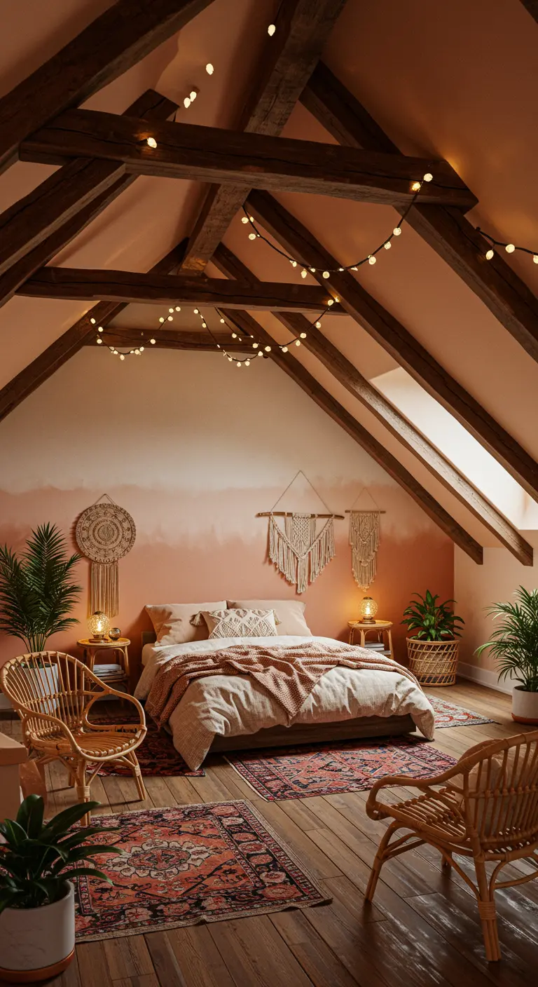 Bohemian zolderslaapkamer met perzikroze kleurverloop en rotan meubels.