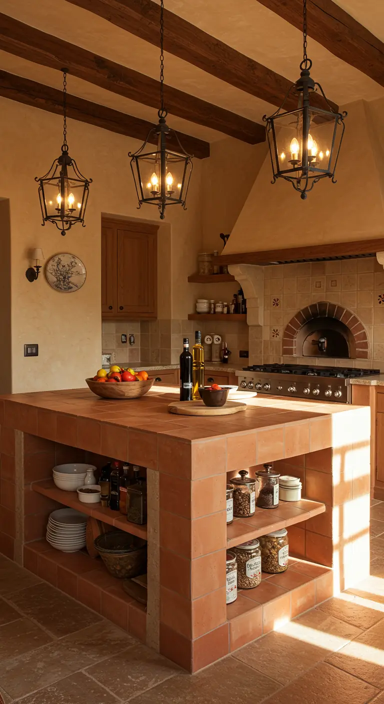 Rustieke keuken met terracotta betegeld kookeiland, open opbergplanken en donkere lantaarn hanglampen.