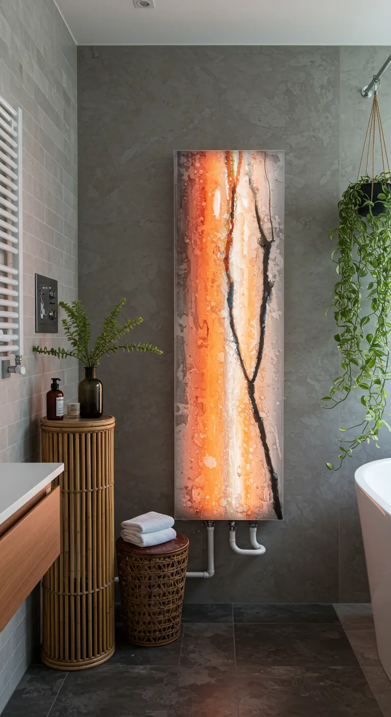 Designradiator in de vorm van een abstract kunstpaneel met oranje, witte en zwarte accenten.