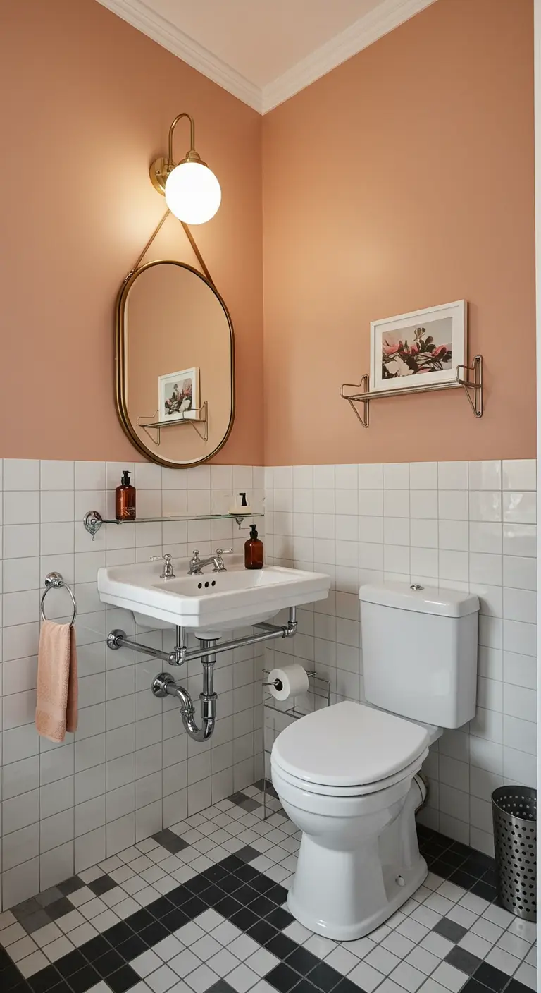 Compacte badkamer met roze muur, witte metro tegels en zwart-wit geblokte vloer.