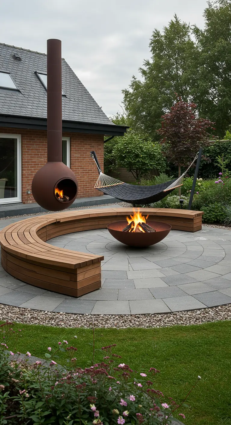 Zwarte hangmat bij een ronde tuinhaard en gebogen houten banken op een stenen terras.