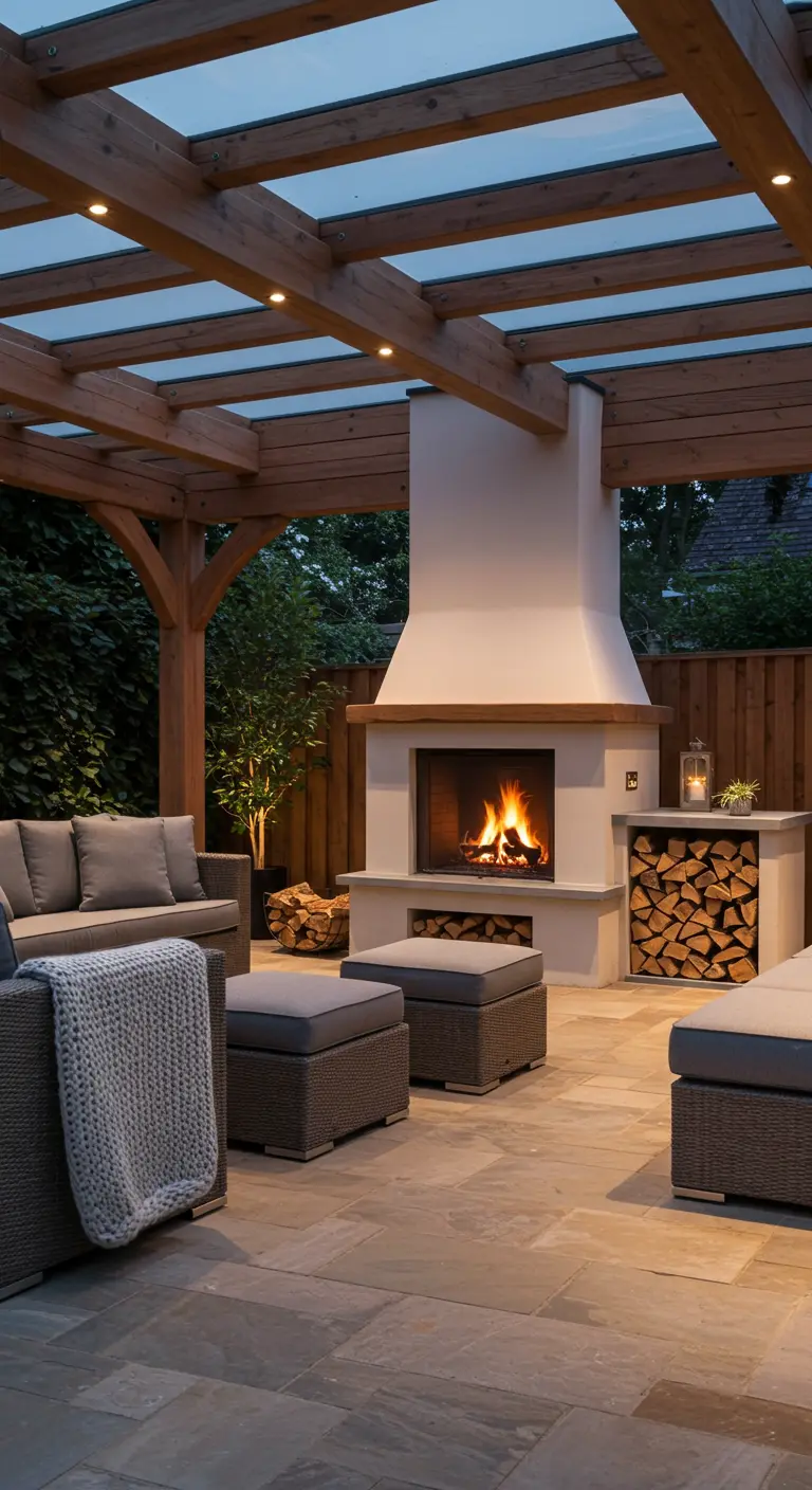 Buitenruimte met houten overkapping, open haard, loungeset en gestapeld haardhout.
