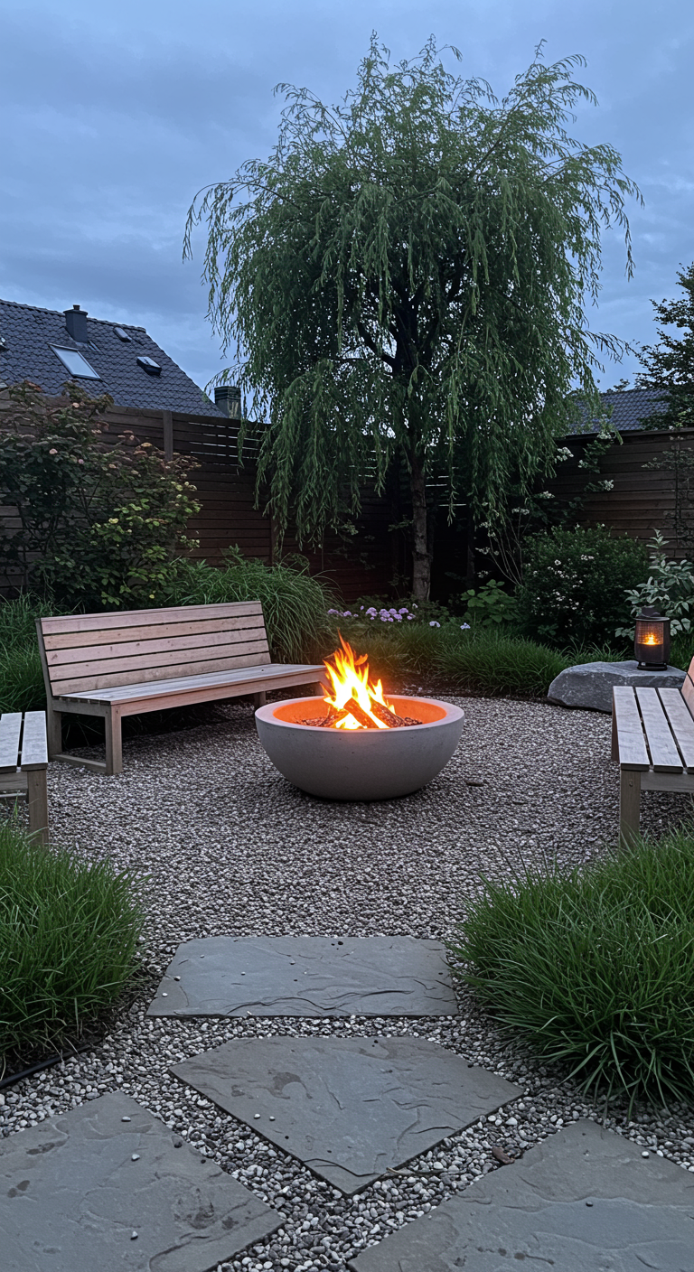 Tuin met een ronde vuurschaal, grind, houten bankjes en groene beplanting.