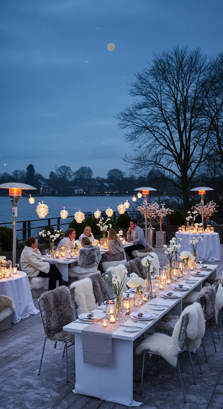 Terras met lange eettafel, terrasverwarmers, schapenvachtjes, kaarsen en lichtbollen in de schemering.