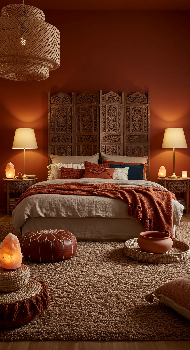Terracotta slaapkamer met gesneden houten hoofdbord, natuurlijke stoffen en zoutlampen.
