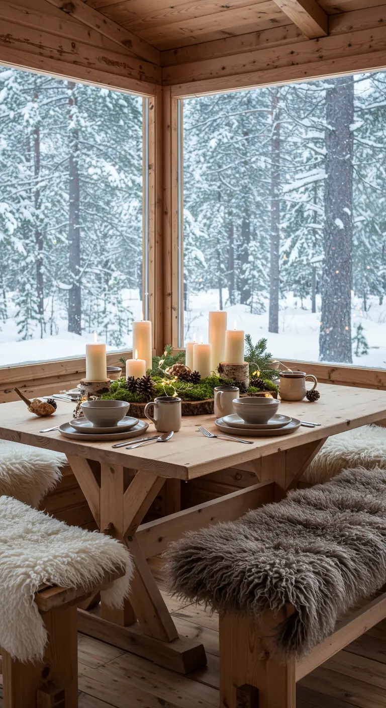 Houten tafel in hut met bankjes, schapenvachten, kaarsen en mosdecoratie.