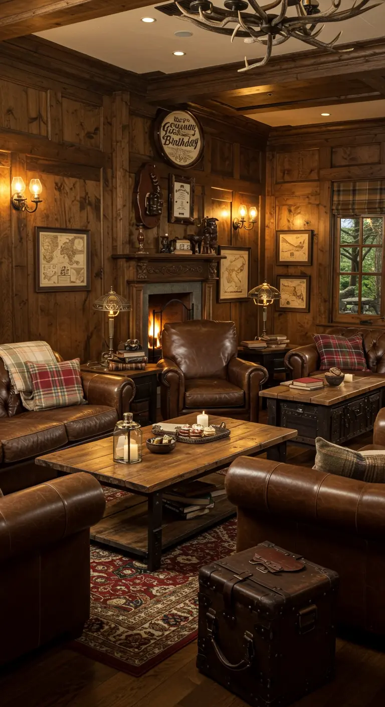 Gezellige klassieke lounge met lederen meubels, open haard en houten lambrisering.