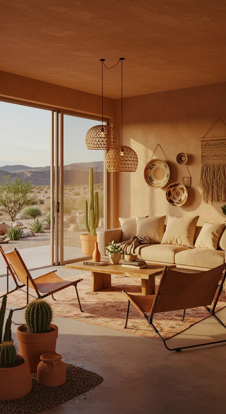 Woonkamer in desert modern stijl met terracotta kleuren, cactussen en leren stoelen.