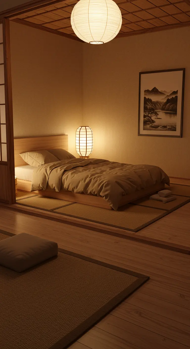 Japandi slaapkamer met laag houten bed, tatami matten, Japanse lamp en landschapskunst.