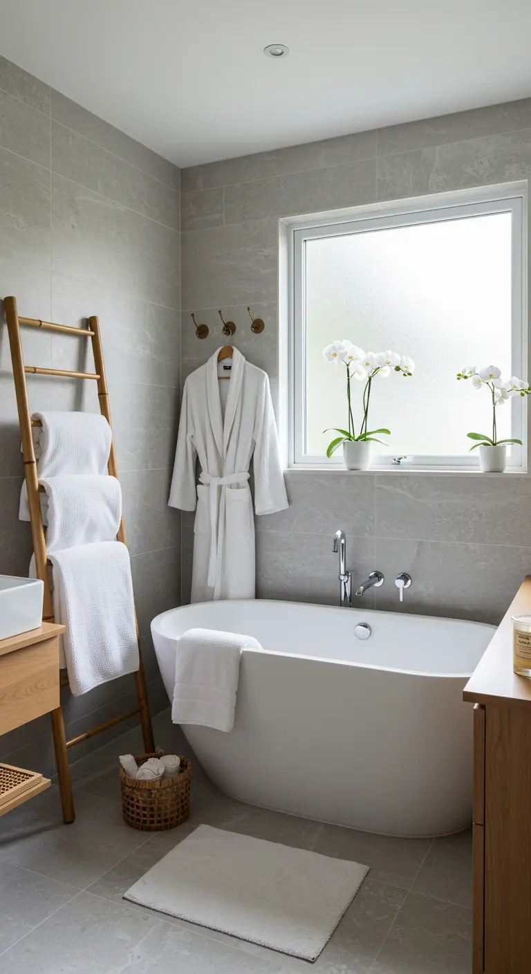 Lichte badkamer met vrijstaand bad, bamboe handdoekladder en witte orchideeën.