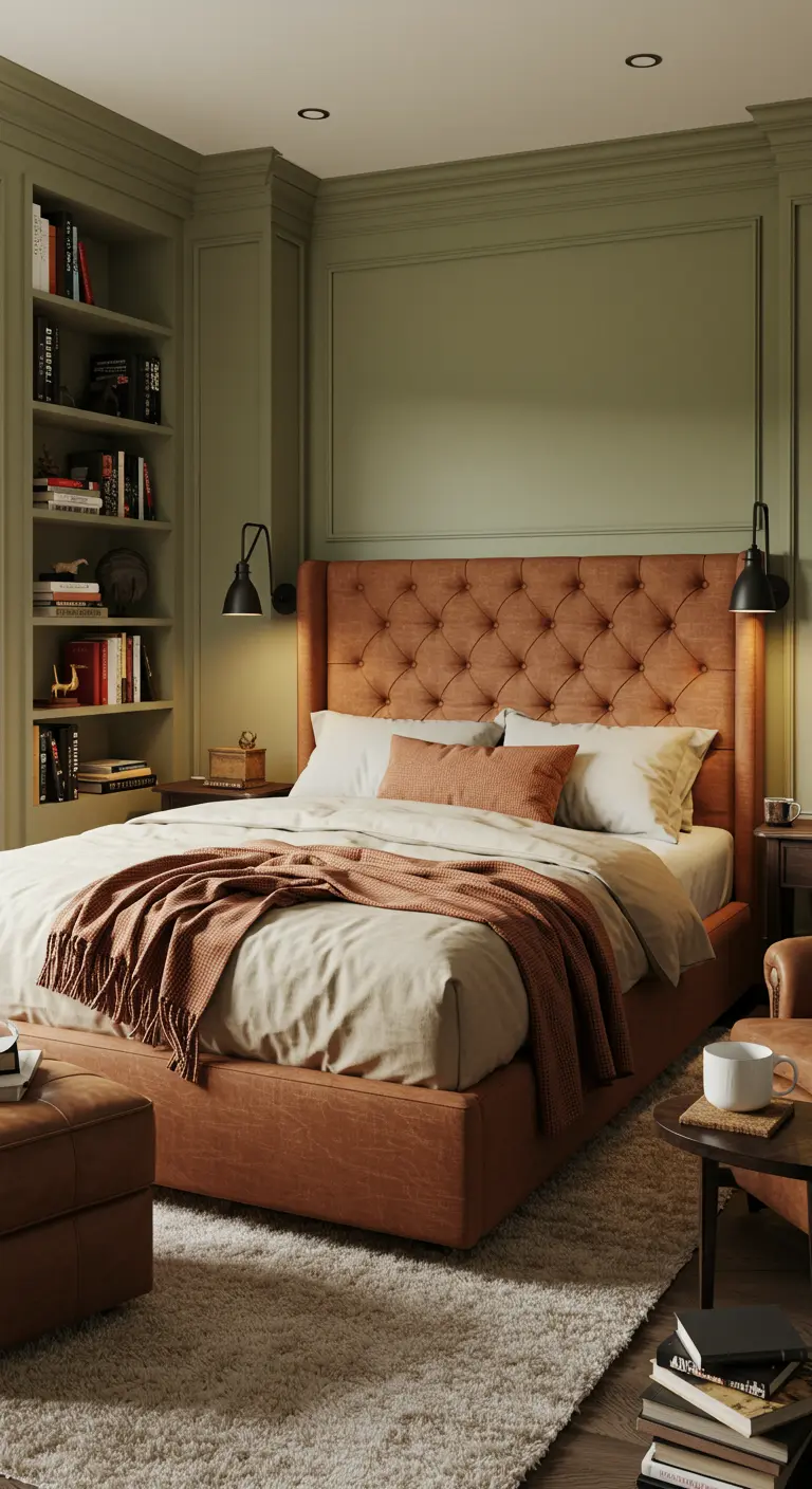Slaapkamer met cognac leren tufted hoofdbord, ingebouwde boekenkast, en warme tinten.