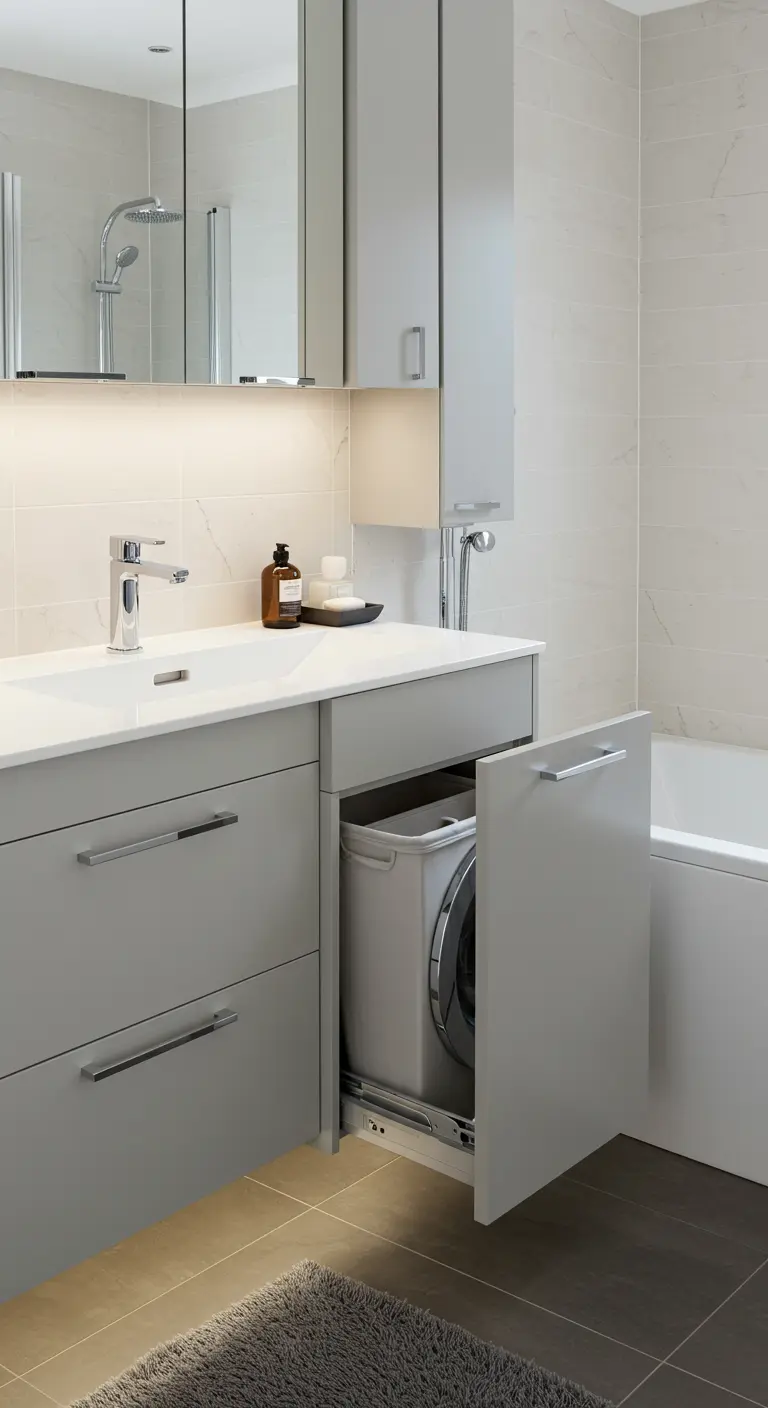 Badkamermeubel met een open uittreklade waarin een wasmachine/wasmand is geïntegreerd.