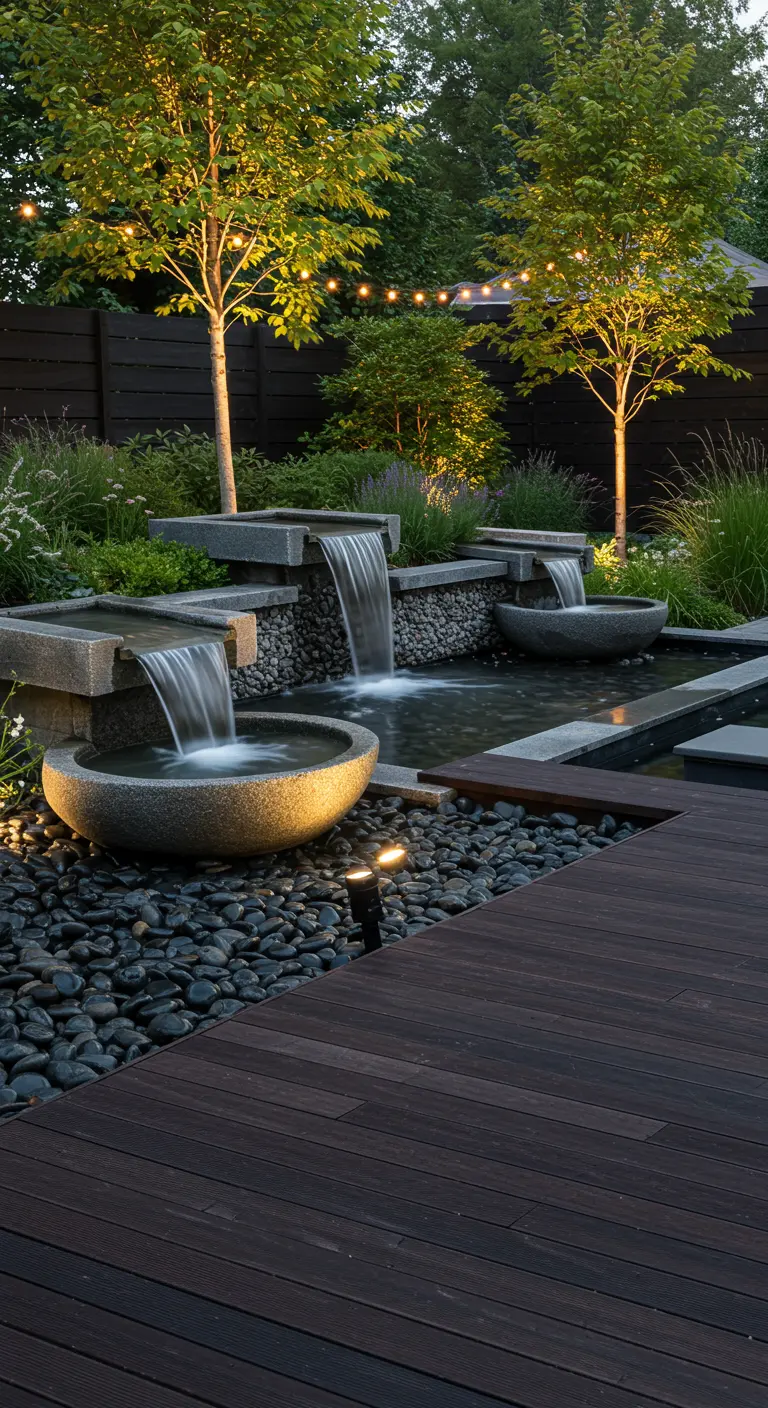 Moderne tuin met multi-level waterpartijen, zwarte kiezelstenen en houten vlonder.