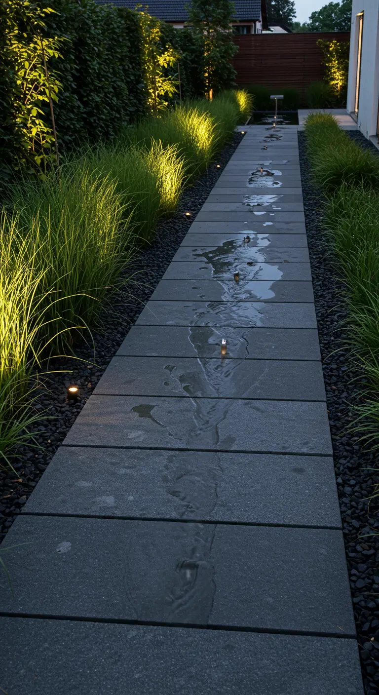 Modern tuinpad met kleine waterfonteintjes die uit de tegels komen, omringd door siergrassen.