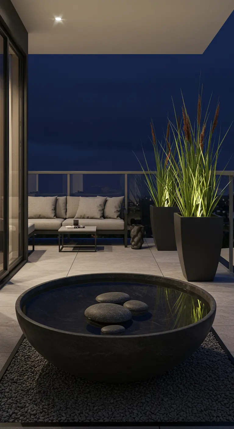 Modern balkon 's avonds met stenen waterschaal, plantenbakken en loungebank.