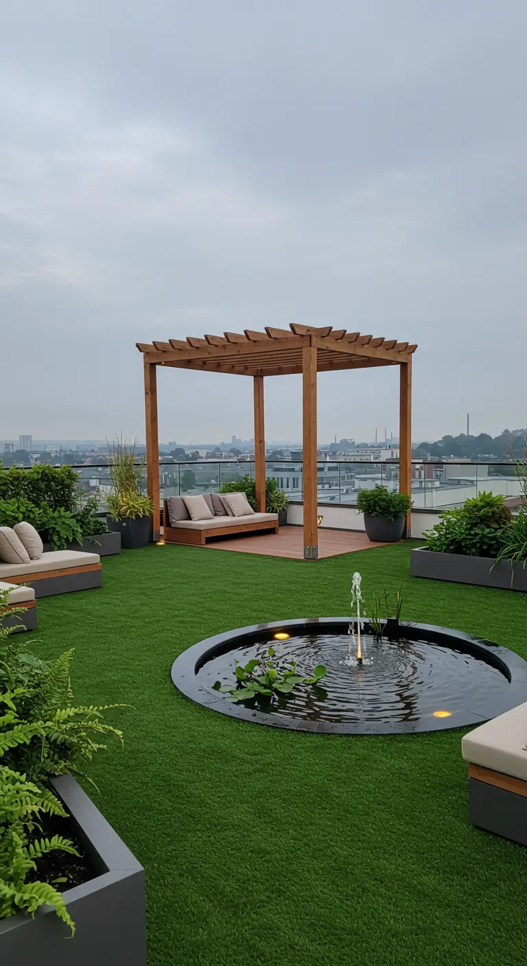 Daktuin met houten pergola, kunstgras, zitbanken en een ronde vijver met fontein.