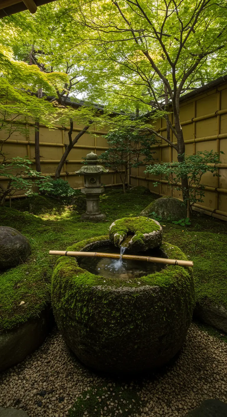 Oude stenen kom als Japans waterelement met bamboe pijpje en mos in een serene tuin.