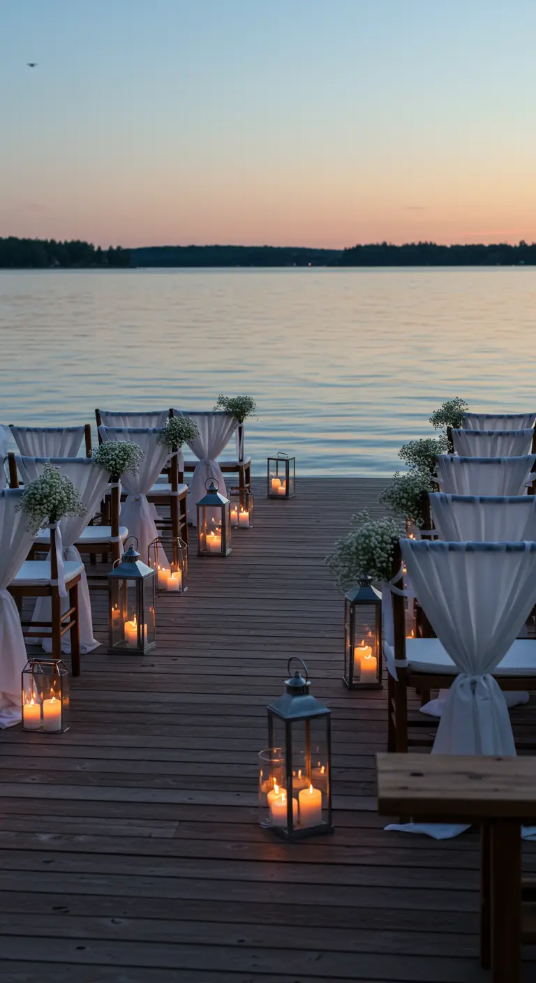 Ceremonieopstelling aan het water met witte gedrapeerde stoelen en lantaarns op de vlonder.