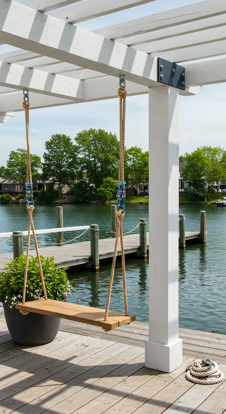 Houten schommel aan touwen onder witte pergola aan de waterkant.