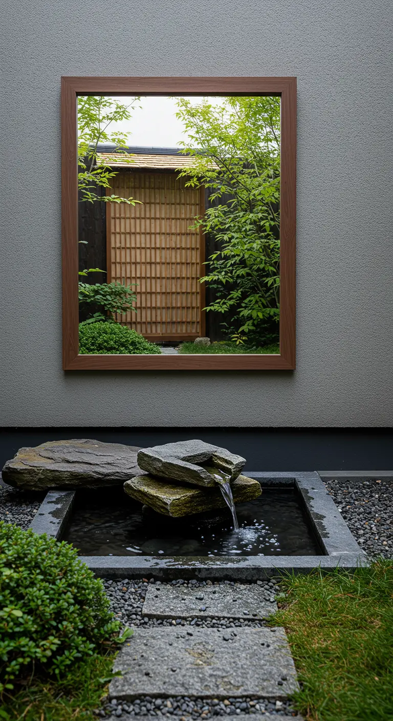 Vierkante spiegel met houten lijst boven een Japanse waterpartij met stenen.