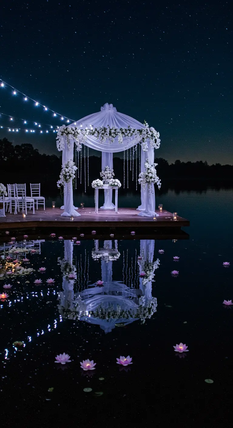 Trouwceremonie op vlonder boven water met witte gazebo, bloemen en sterrenreflectie.