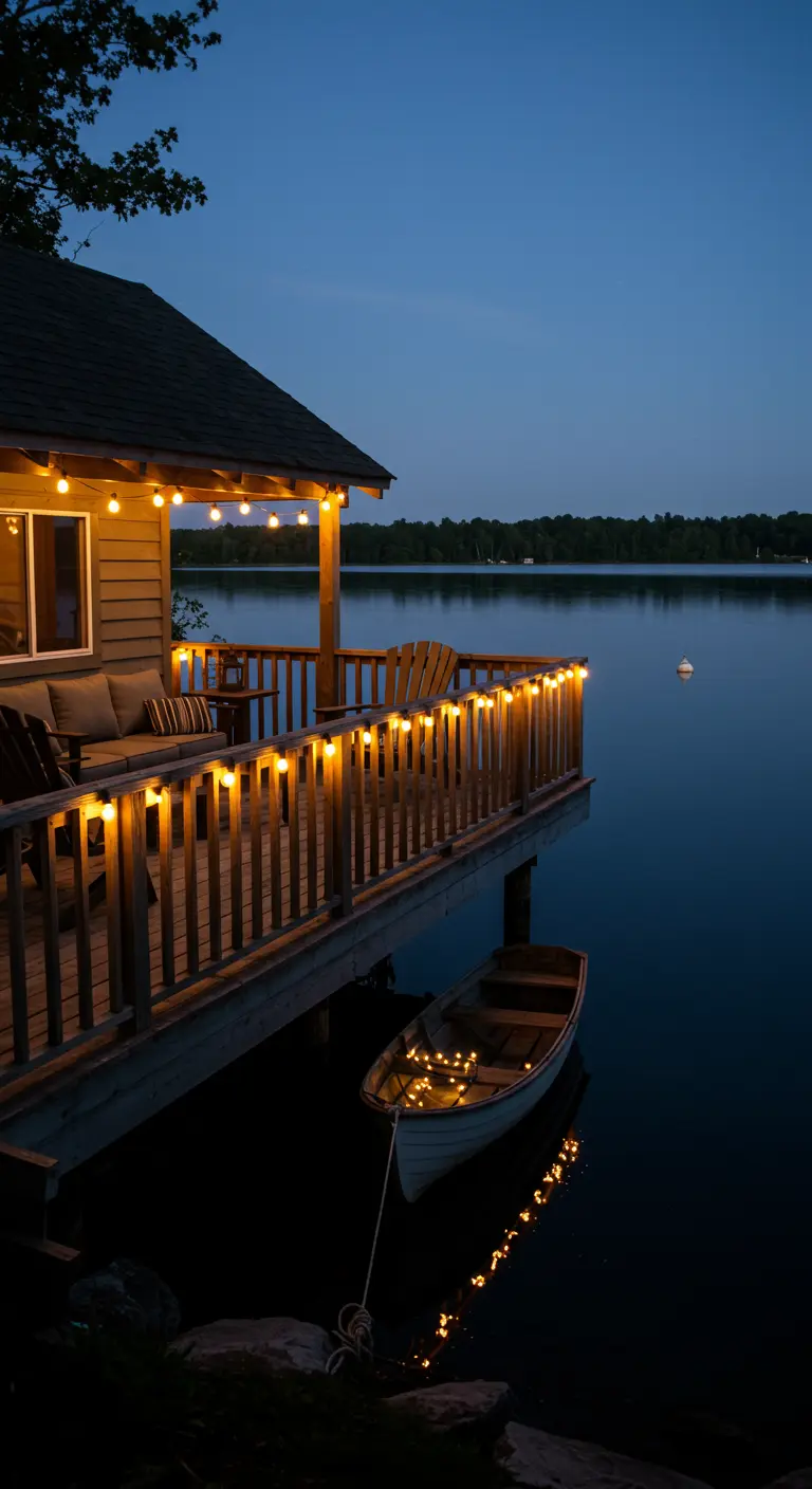 Houten terras aan een meer 's avonds, met lichtslingers op de railing en in een klein bootje.