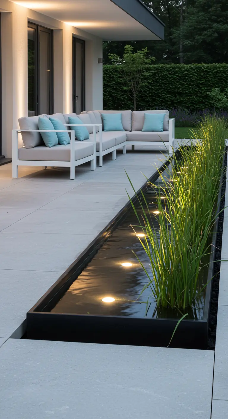 Lange, smalle zwarte vijver met waterplanten en verlichting, naast modern terrasmeubilair.