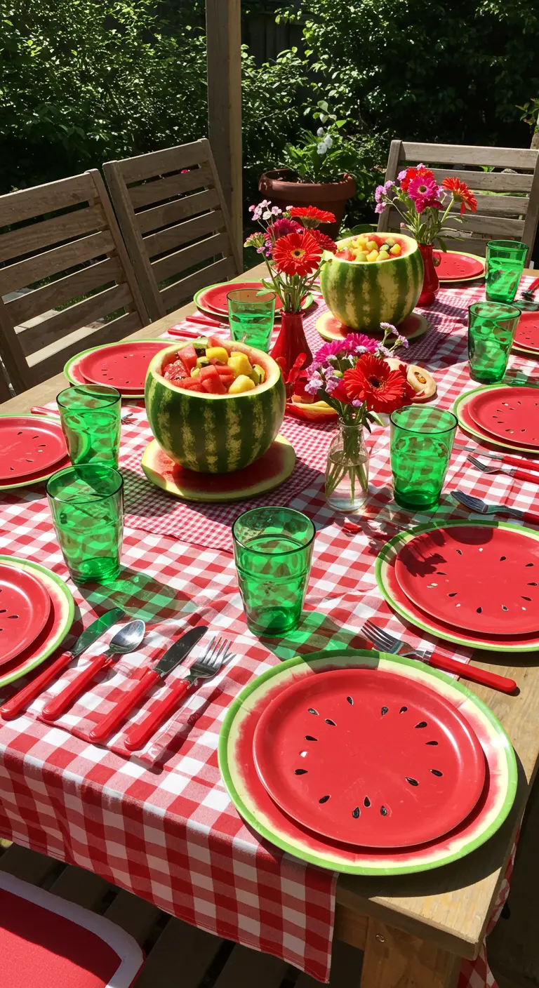Zomerse brunchtafel met watermeloenthema, rood-wit geblokt kleed en groene glazen.