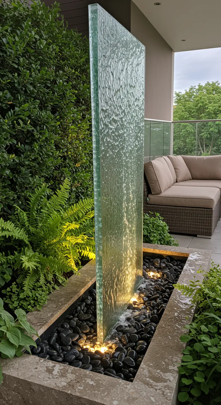 Balkon met een glazen watervalelement, omringd door planten en een loungebank.