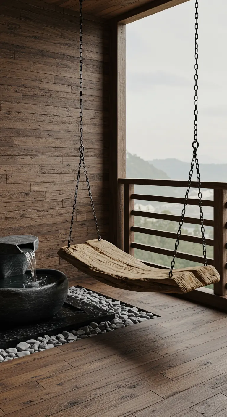 Organische houten plank schommel met kettingen, naast stenen waterornament op houten balkon.