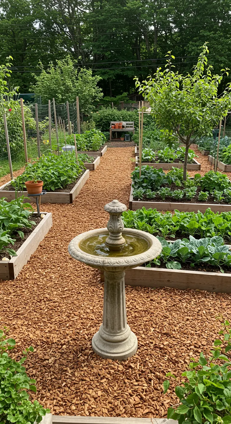 Moestuin met verhoogde plantenbedden en een klassiek vogelbadje/fontein.