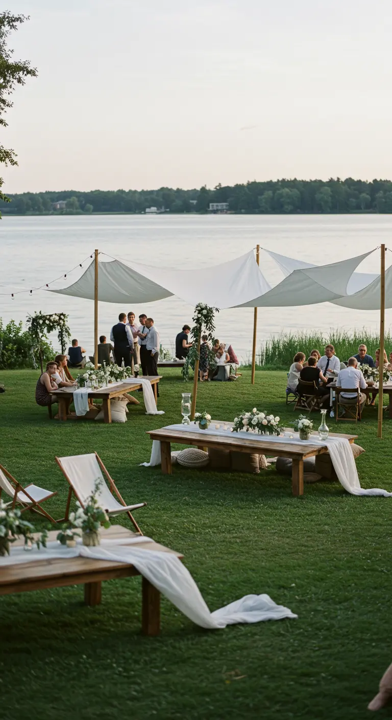 Bruiloftsdiner aan het water met witte doeken als overkapping en houten tafels.