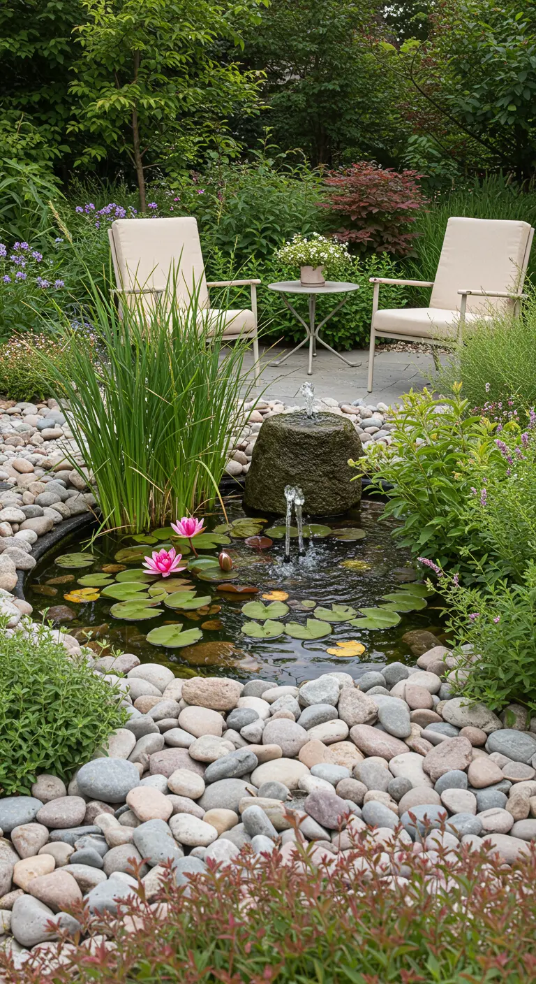 Kleine vijver met waterlelies en fontein, omringd door grind en tuinstoelen.