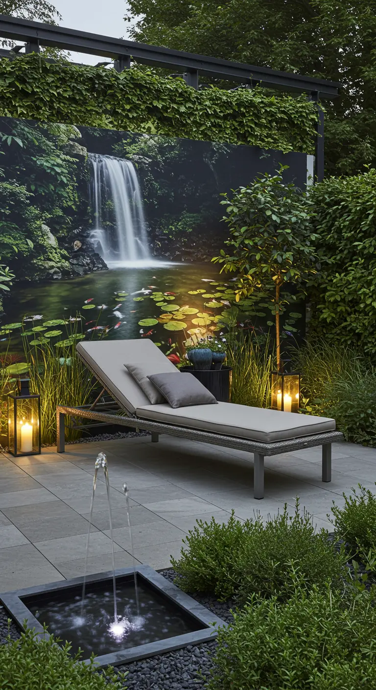 Moderne tuin met waterval buitenbehang, ligbed en een kleine fontein.