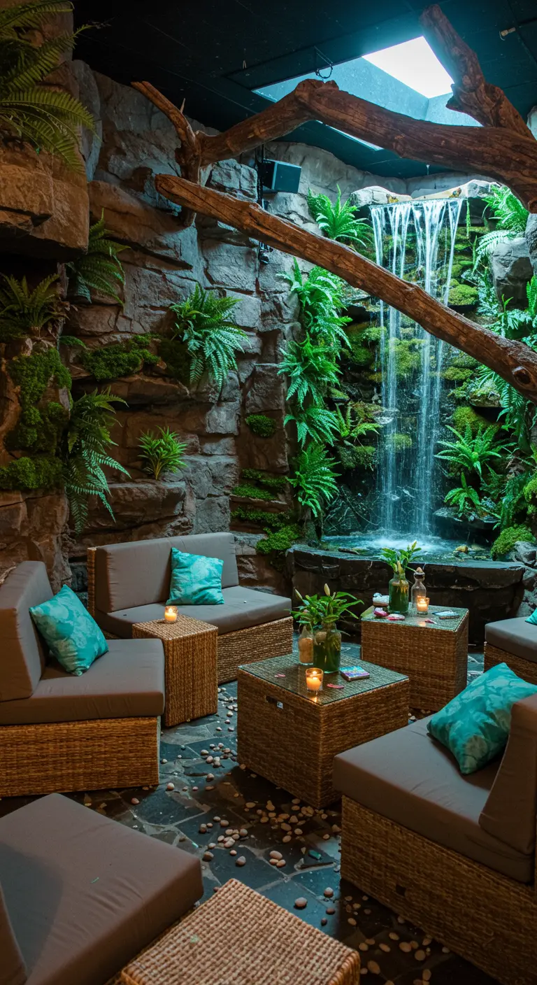 Loungehoek met rotan banken bij een binnenwaterval, omringd door varens en kaarslicht.
