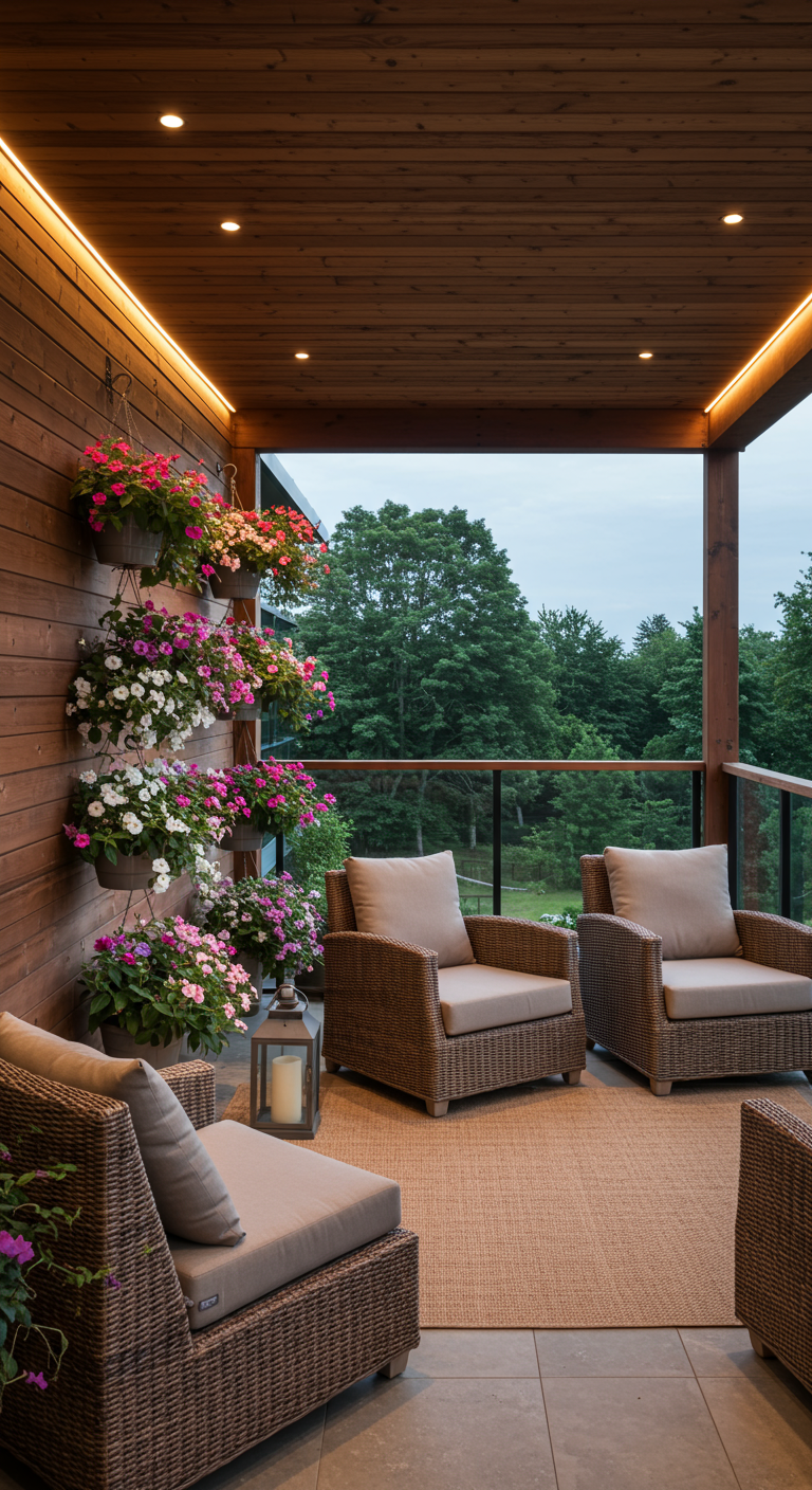 Luxe overdekt balkon met trapsgewijs hangende bloembakken vol kleurrijke bloemen.