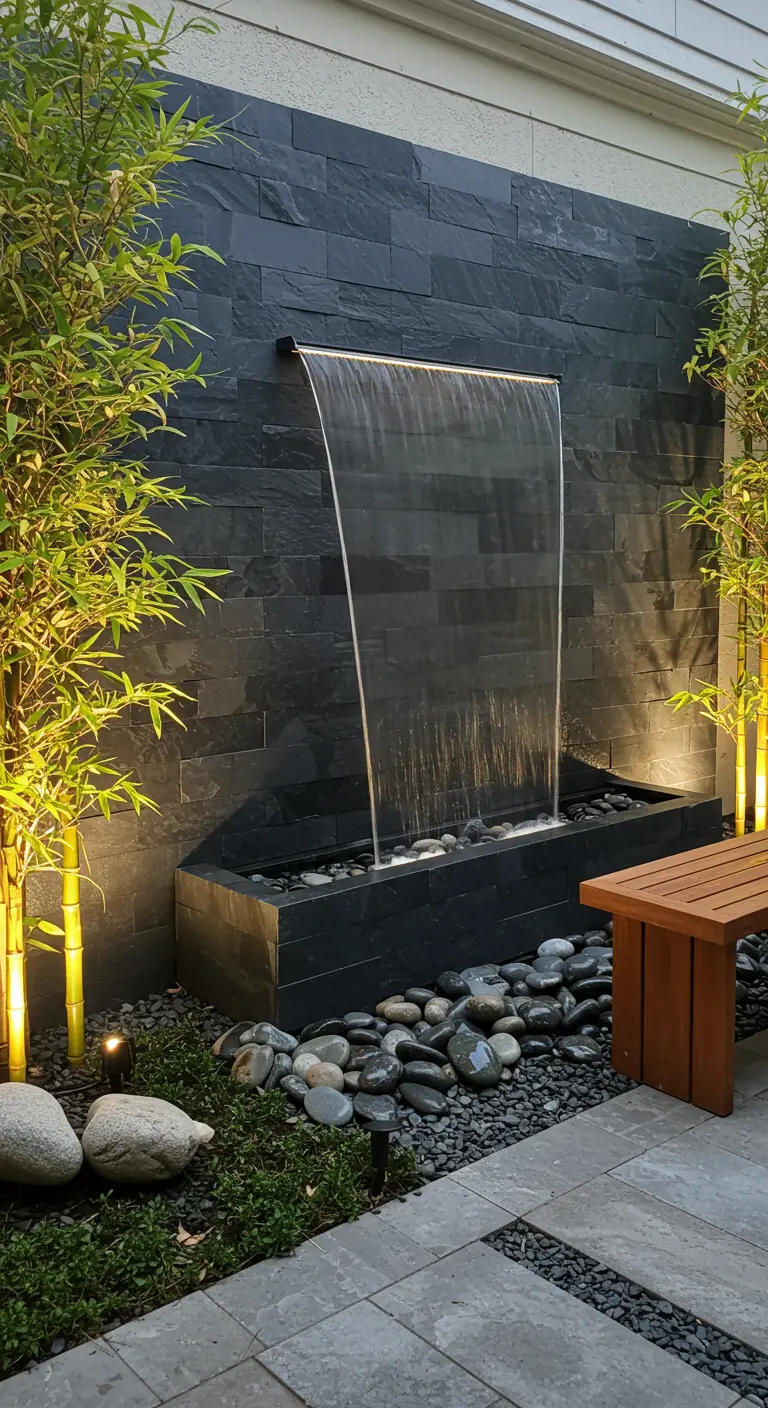 Strakke waterval op een donkere stenen muur, omringd door bamboeplanten en kiezelstenen.