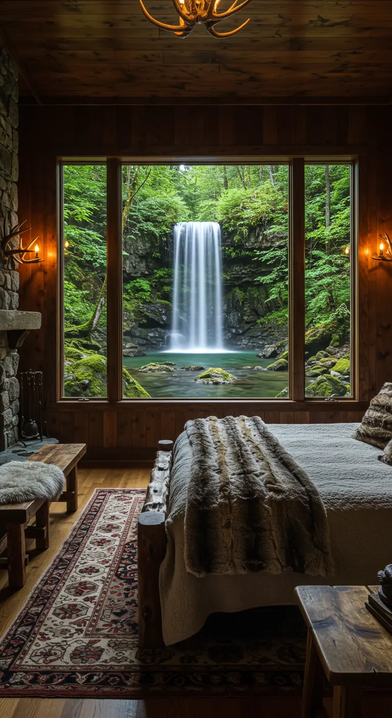 Rustieke slaapkamer met groot raam en uitzicht op een waterval in het bos.