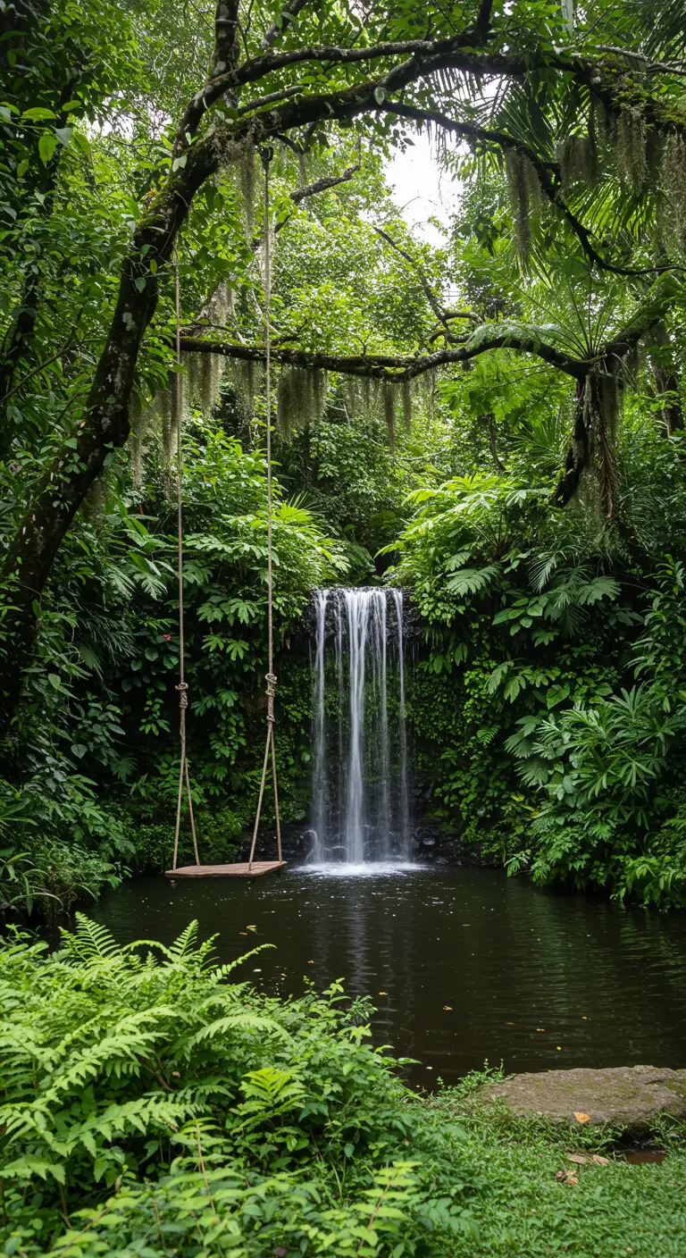 Houten schommel voor een natuurlijke waterval in een weelderige groene jungleomgeving.