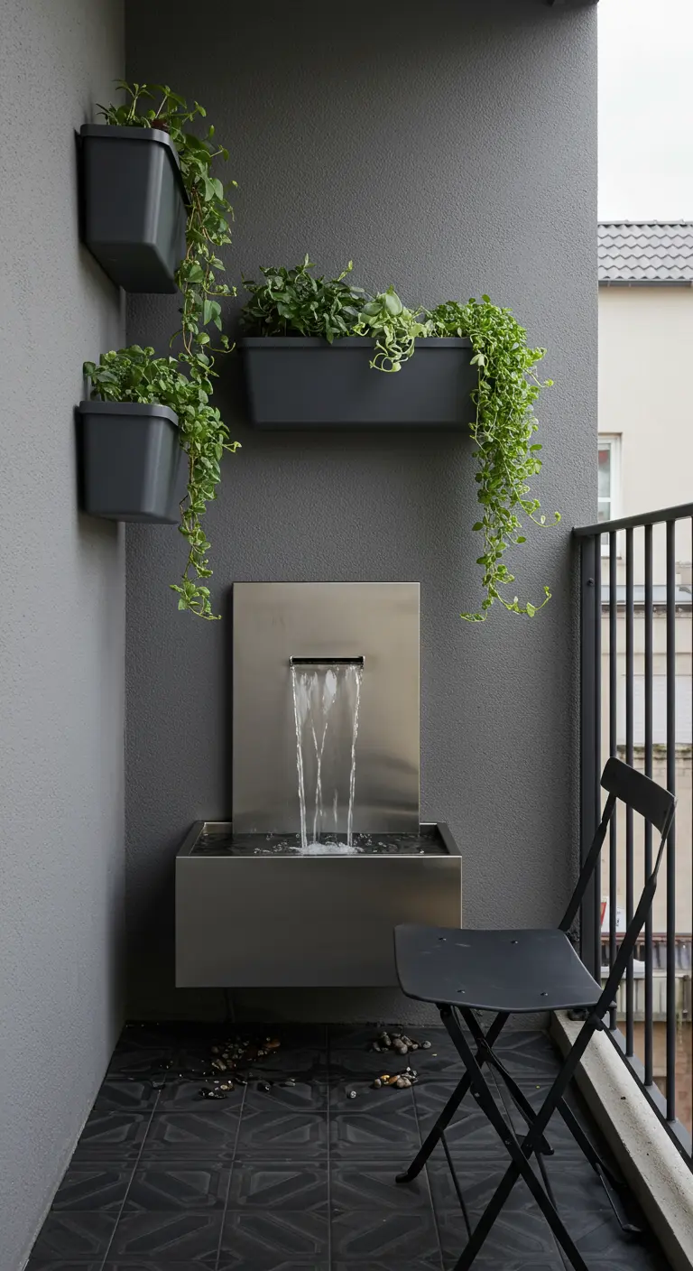 Kleine RVS waterval aan een grijze muur op een balkon, met hangplanten erboven.