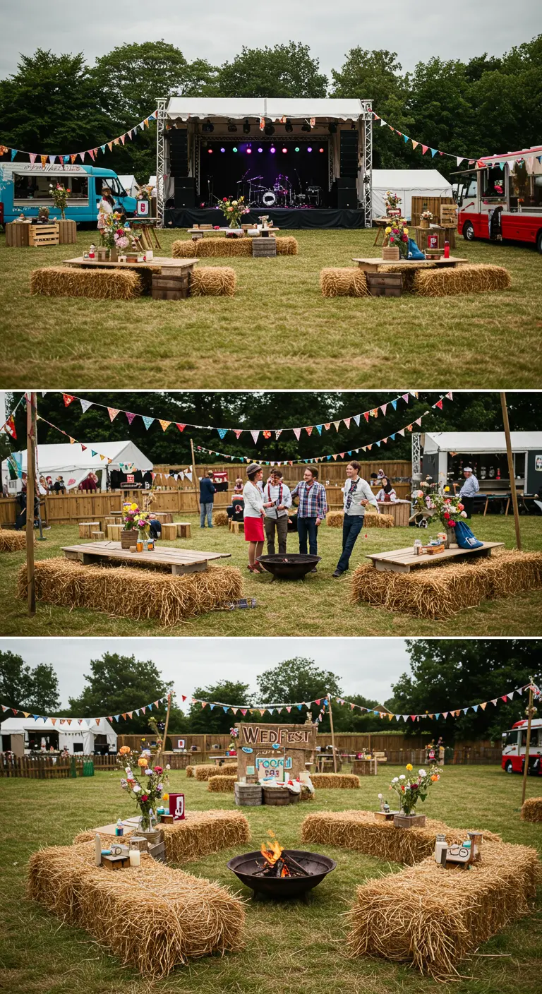 Festivalbruiloft ('Wedfest') met hooibalen, vuurkorf, podium en foodtrucks.
