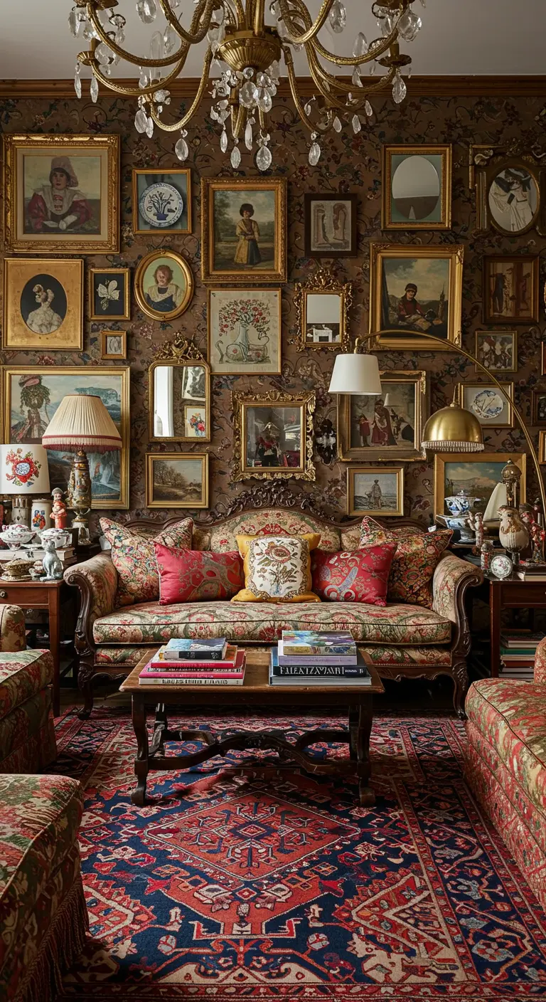 Rijk gedecoreerde woonkamer met gedessineerd behang, bank met patronen en volle gallery wall.