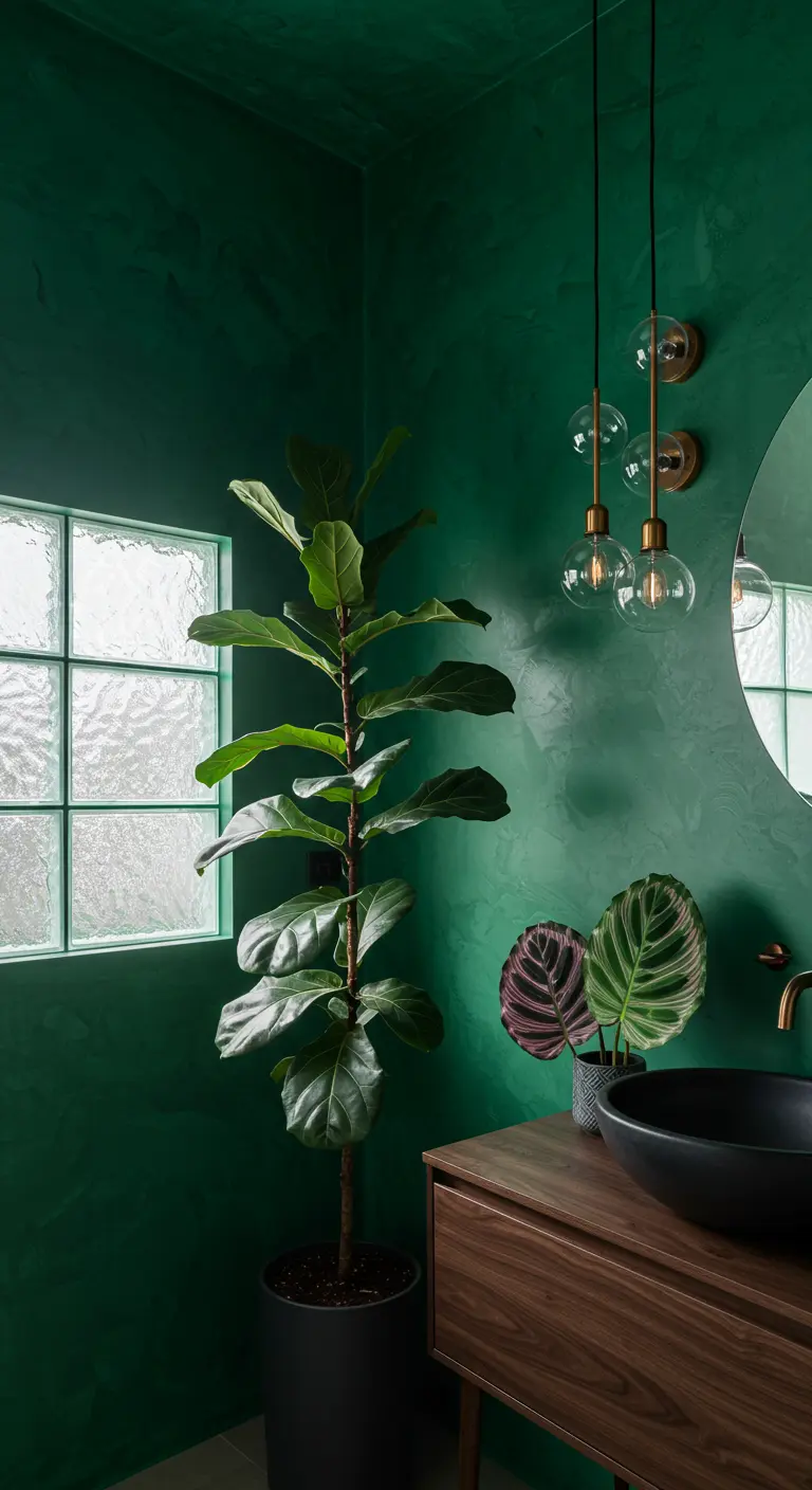 Vioolbladplant en Calathea in een donkergroene badkamer met tadelakt muren en houten meubel.