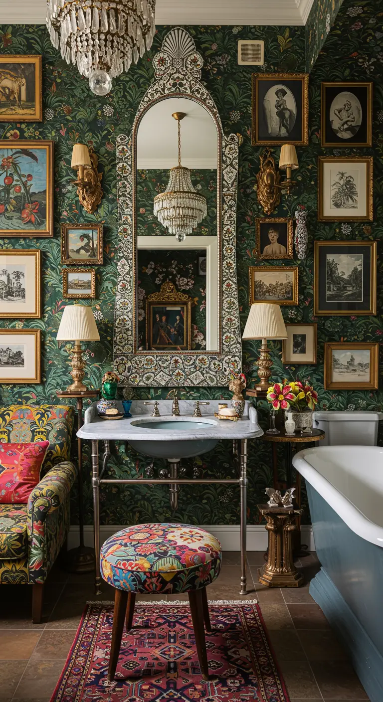Maximalistische badkamer met een zeer hoge, versierde boogspiegel en veel kunst.